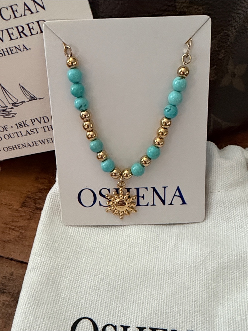 Oshena Designer Beachwear Turquoise Bead Sun Charm Necklace - Gold & Turquoise